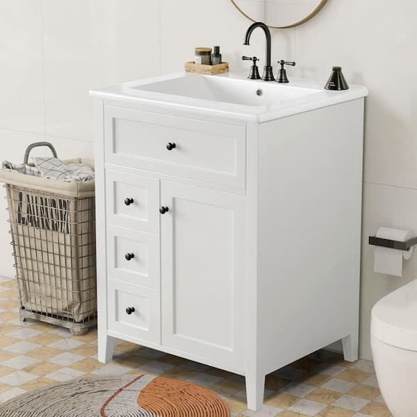 24 in. W Single Sink Freestanding White Bath Vanity with White Ceramic Top and Drawers, Unassembled