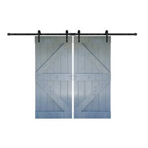 K Series 72 in x 84 in Dark Grey DIY Finished Knotty Pine Wood Double Sliding Barn Door Slab with Hardware Kit
