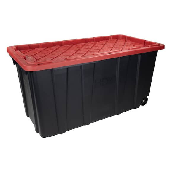 77 gal. Tough Storage Tote with Wheels in Black with Red Lid