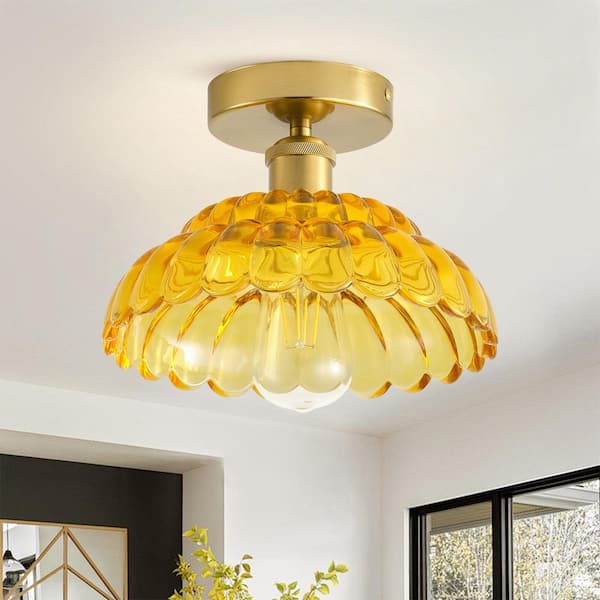 9.84 in. Vintage Flower Semi-Flush Mount Cottage Artistic Close to Ceiling Lamp with Lotus Amber Glass Shade