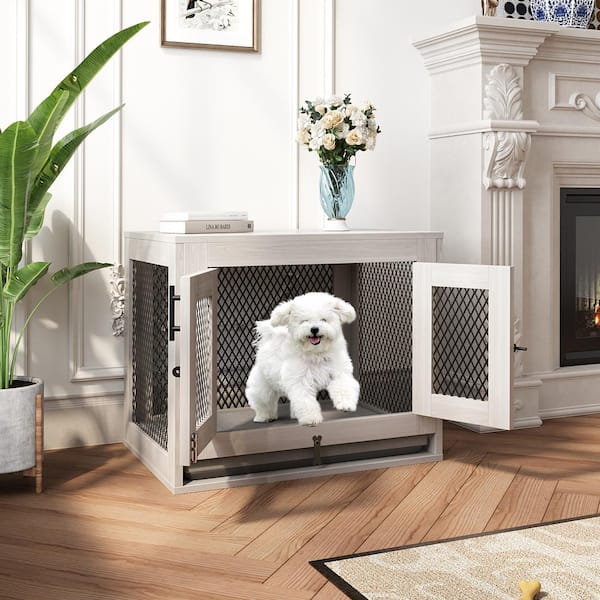 FUFU&GAGA Dog Crate Furniture, Wooden Dog Kennel with Cushion Tray, Heavy-Duty Modern Dog Cage for Small Dogs, Size S, Gray