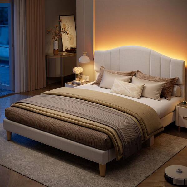PINMOCO Beige Wood Frame Queen Upholstered Platform Bed
