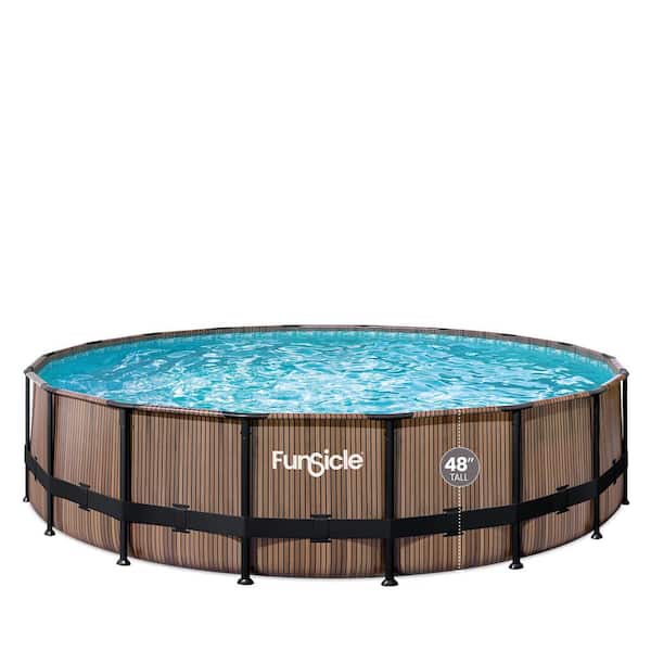 Oasis Designer 18 ft. Round 48 in. Deep Metal Frame Above Ground Pool with Pump, Natural Teak