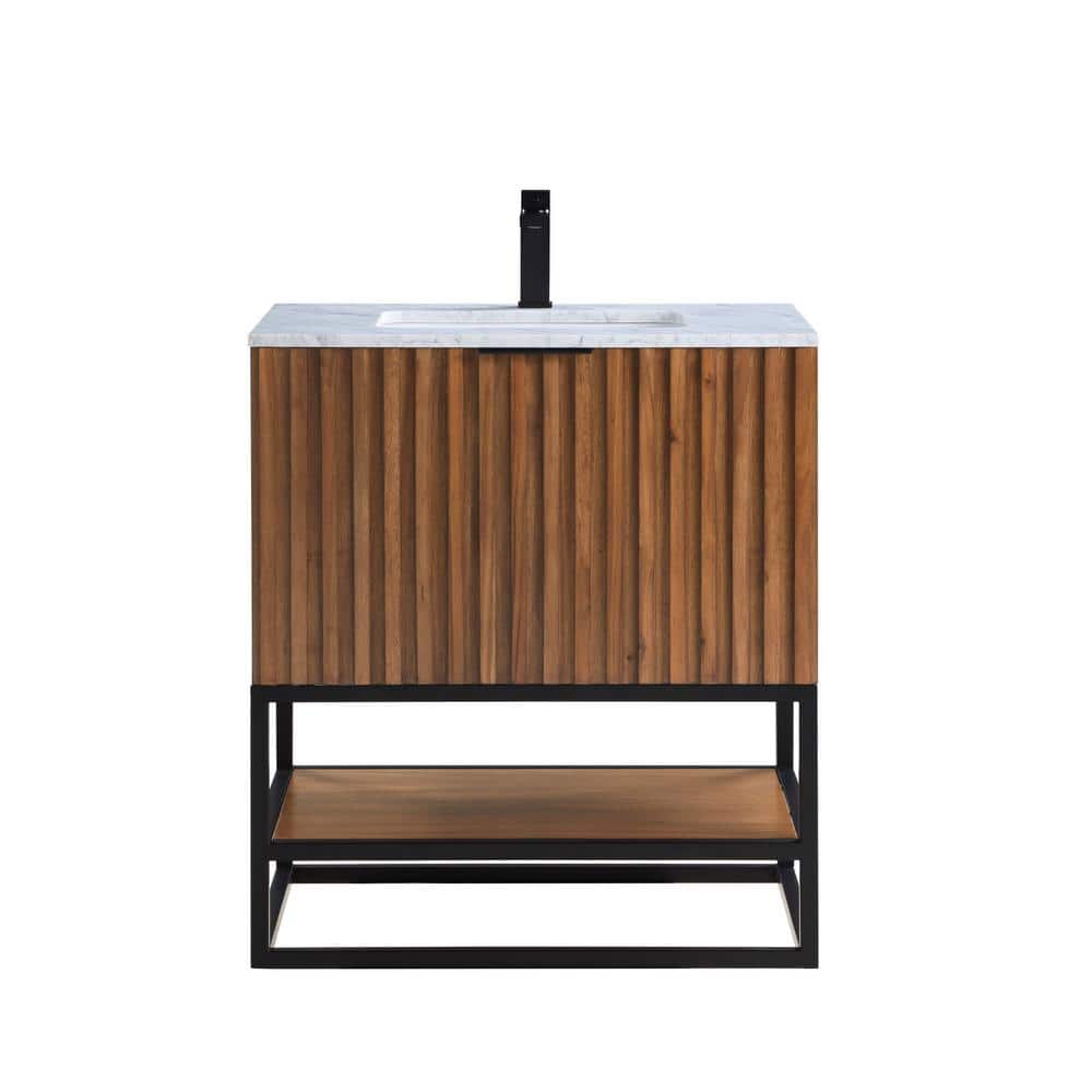 Terra Walnut and Matte Black Single Bathroom Vanity with Carrara Marble Top