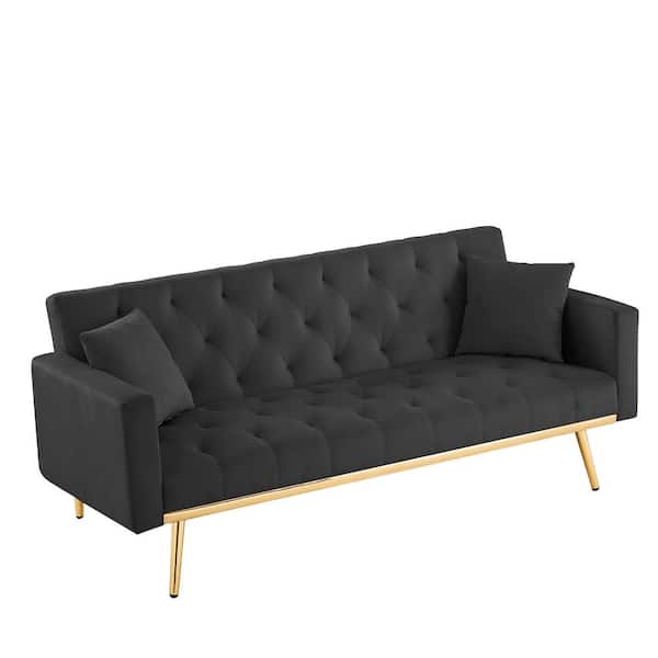 Unbranded 73.2 Black Velvet Upholstered Button-Tufted Twin Size Loveseat Convertible Folding Futon Sofa Bed with 2-Pillows