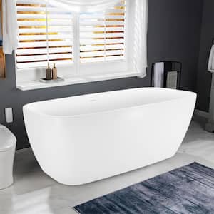 59 in.Acrylic Flatbottom Freestanding Bathtub Contemporary Soaking Tub in White Overflow and Pop-up Drain