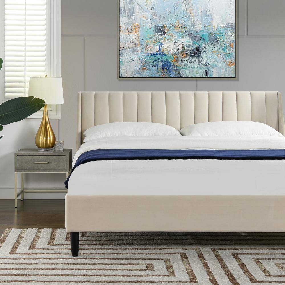 Aspen French Beige Velvet Upholstered King Platform Bed with Tufted Headboard