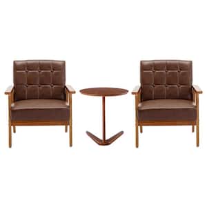 Mid-Century Retro Brown Faux Leather Upholstered Tufted Back Accent Chairs with Side Table