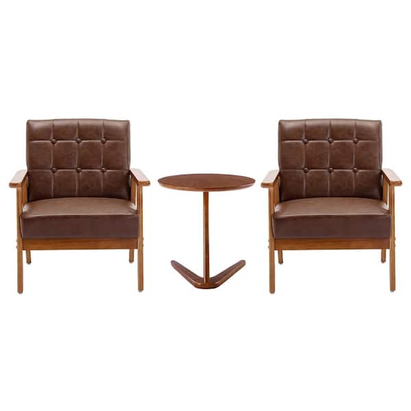 HOMEFUN Mid-Century Retro Brown Faux Leather Upholstered Tufted Back Accent Chairs with Side Table