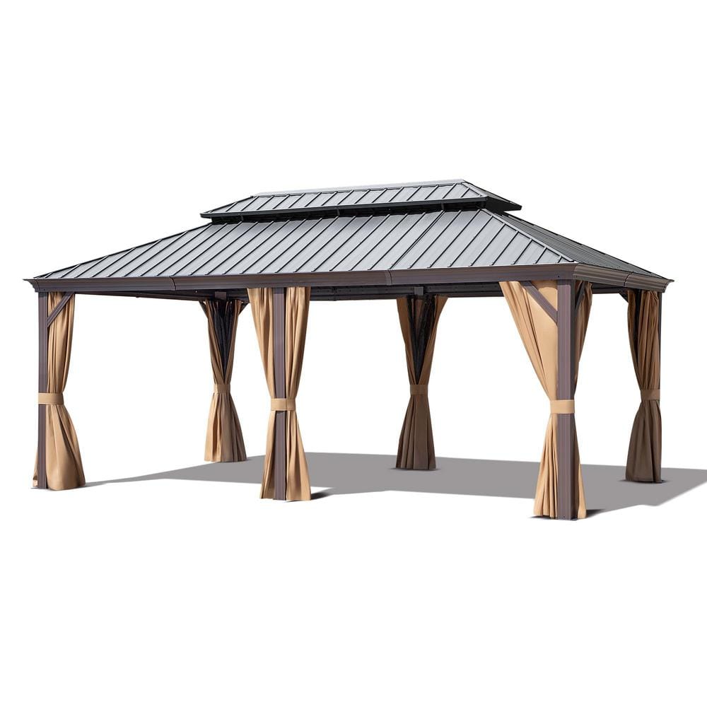 12 ft. x 18 ft. Aluminum Outdoor Gazebo Double Roof Canopy with Netting Cur