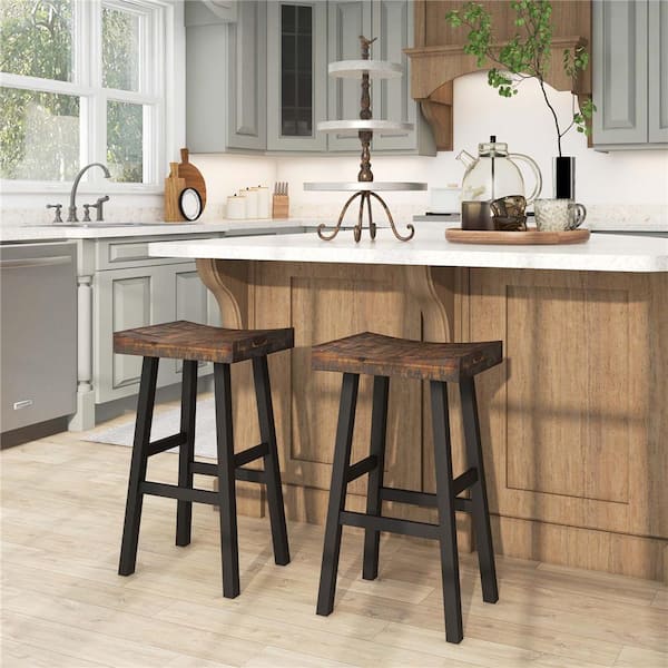 29 in. Brown Backless Acacia Wood Bar Stool Counter Stool with Wood Seat Set of 2