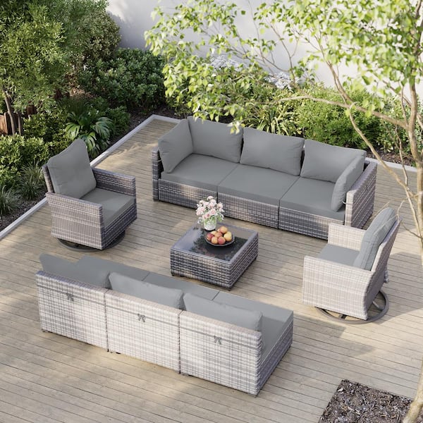 UPHA 9-Piece Gray Wicker Patio Conversation Set with Swivel Chair and Light Gray Cushions