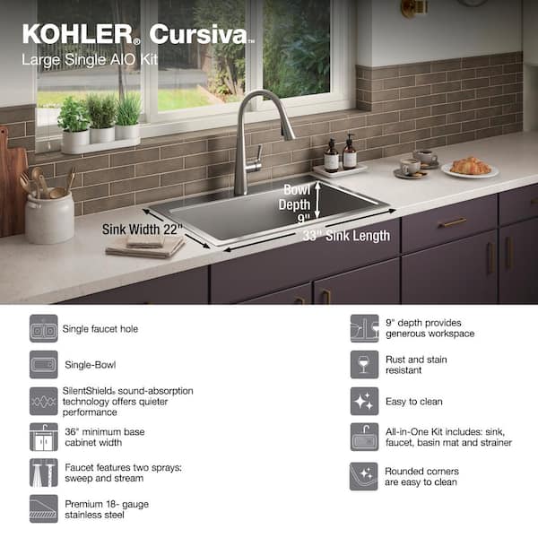 KOHLER Cursiva All-in-One Stainless Steel 33 in. Single Bowl Drop-In or  Undermount Kitchen Sink with Faucet K-RH28174-1PC-NA - The Home Depot