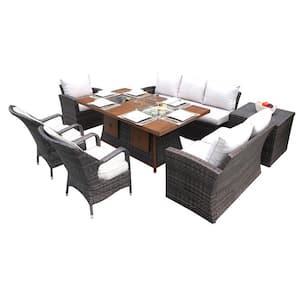 Jessica 7-Piece Wicker Patio Conversation Set with Beige Cushions with Firepit Table