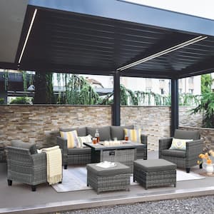 New Vultros Gray 6-Piece Wicker Patio Fire Pit Conversation Seating Set with Dark Gray Cushions