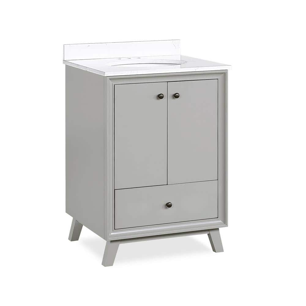 Dorel Living Elmore 24 in. Bathroom Vanity in Gray w/ Composite Granite Vanity Top in White w/ White Ceramic Oval Sink & Backsplash -  DE64882