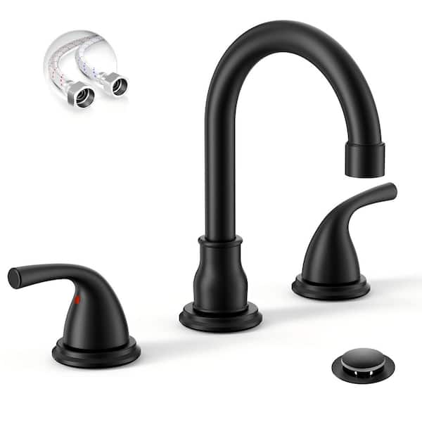 8 Inch 3 Hole Matte Black Bathroom Faucet, 2 Handle Widespread Bathroom Faucet with Metal Pop up Drain.