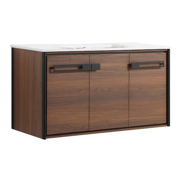 FINE FIXTURES Oakville 42 in. W x 18 in. D x 23.25 in. H Wall Mounted Bathroom Vanity in Brown with White Ceramic Sink Top