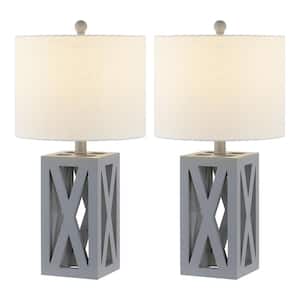 Stewart 21.5 in. Farmhouse Wood LED Table Lamp Set with Wood Base and Linen Shade, Gray (Set of 2)