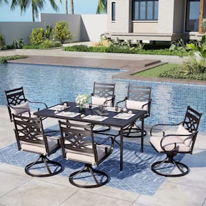7-Piece Steel Rectangular Patio Dining Set with Beige Cushions and 6 Swivel Chairs