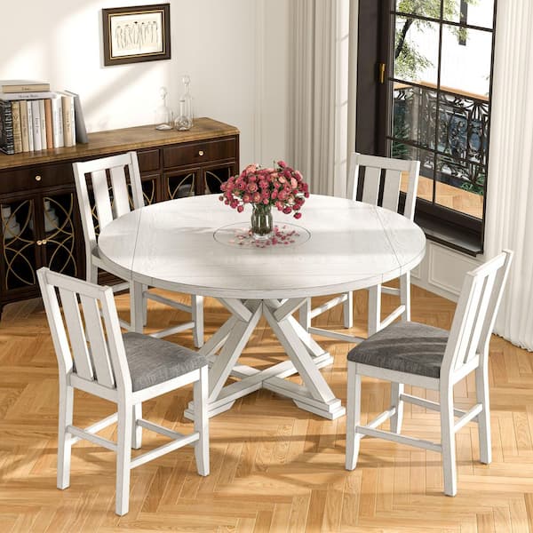 5-Piece Gray Counter Height Dining Table Set with Foldable Round-to-Square Wood Top Table, Kithcen Table Set for 4