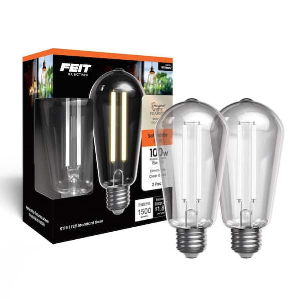 100-Watt Equivalent ST19 Straight White Filament Clear Glass E26 Vintage Edison LED Light Bulb, Soft White 2700K(2-Pack)