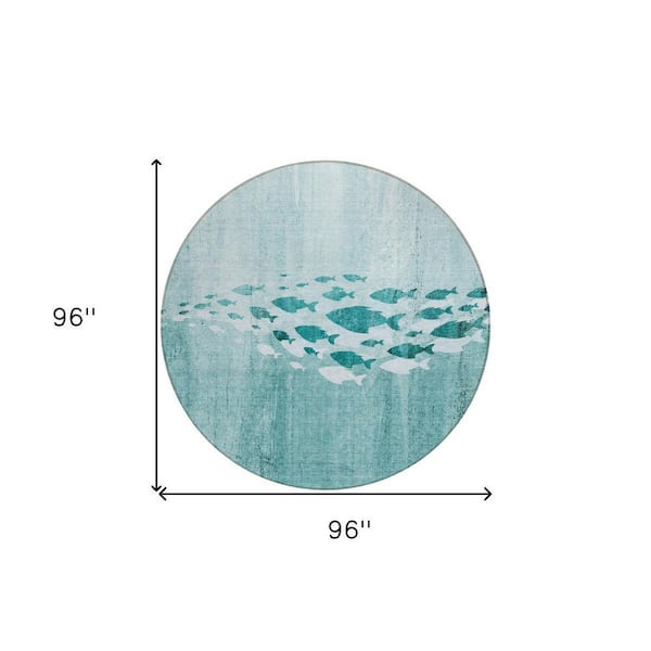 Teal Blue, Aqua, Ivory 8 ft. Round Woven Geometric Polyester Round Indoor/Outdoor Area Rug