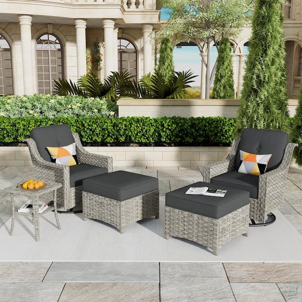 weaxty W Tulip E 5-Piece Wicker Swivel Outdoor Rocking Chairs Patio Conversation Set with Black Cushions