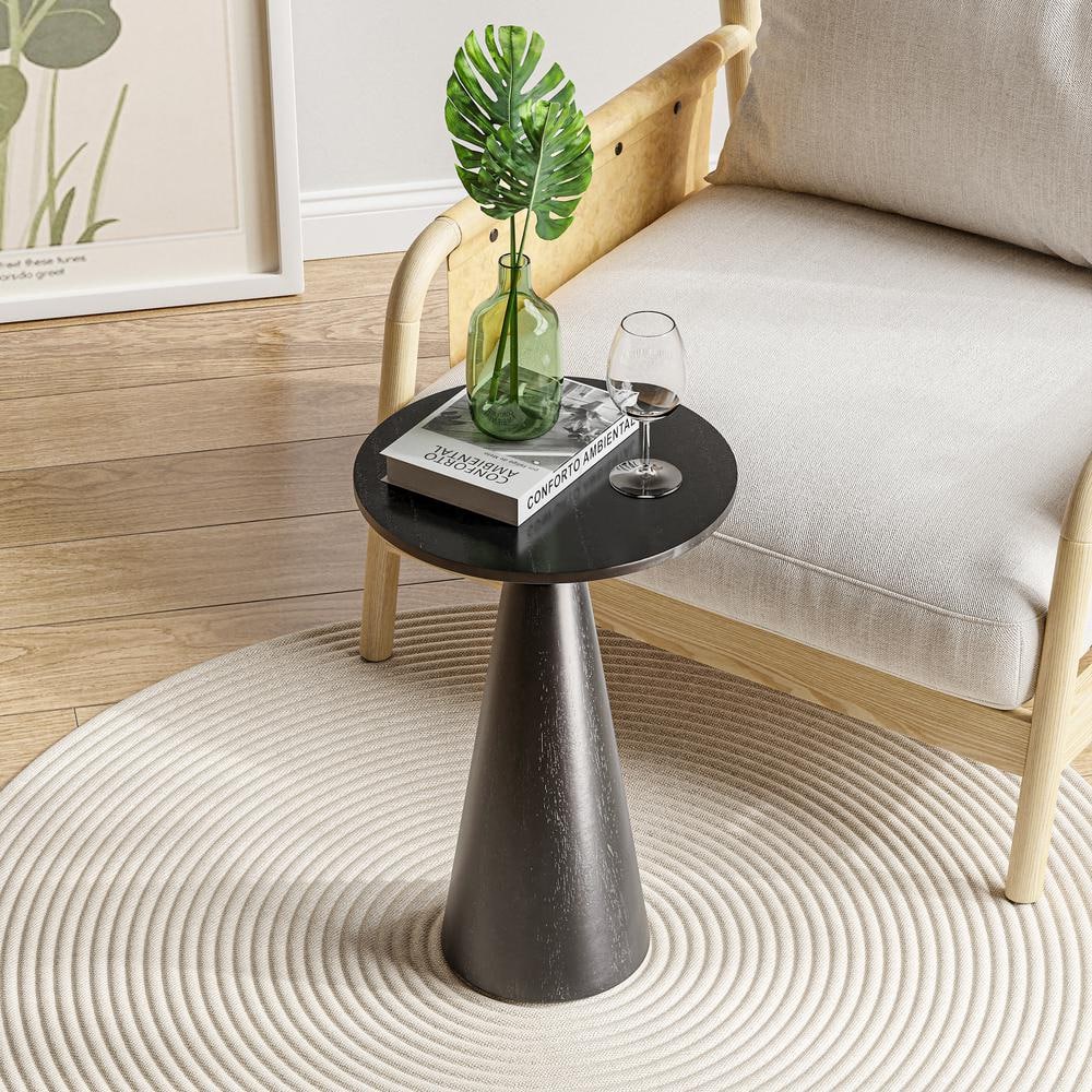 Black Round Pedestal Solid Wood End Table, 13.5 in