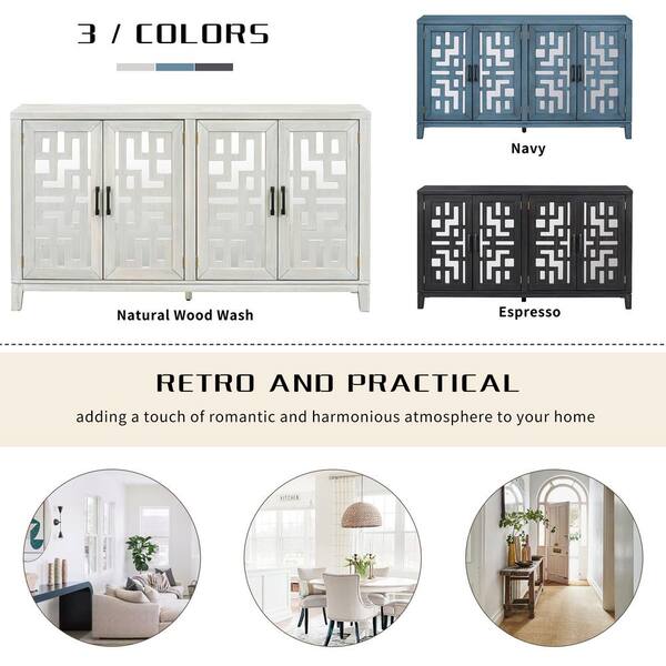 60 in. W x 16 in. D x 34.1 in. H in Navy Retro Acacia Wood MDF Ready to Assemble Floor Base Kitchen Cabinet Sideboard