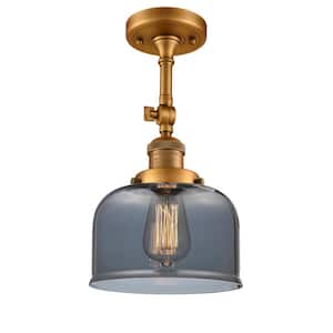 Franklin Restoration Bell 8 in. 1-Light Brushed Brass Semi-Flush Mount with Plated Smoke Glass Shade