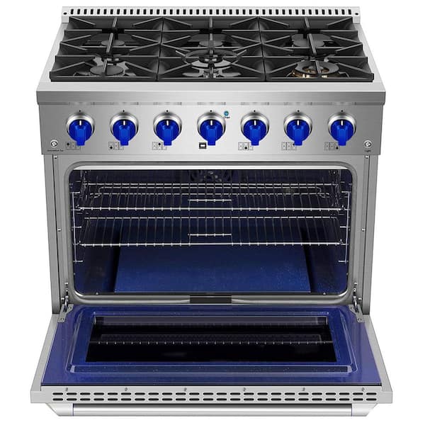 36 in. 5.2 cu. ft. Freestanding Gas Range with 6 Burners and Convection Oven in Stainless Steel with Blue Knobs