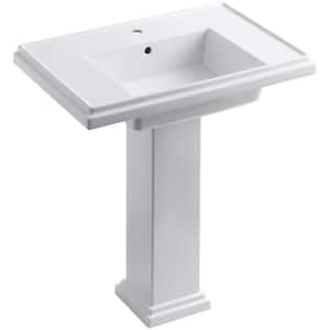 Tresham Ceramic Pedestal Combo Bathroom Sink with Single-Hole Faucet Drilling in White with Overflow Drain