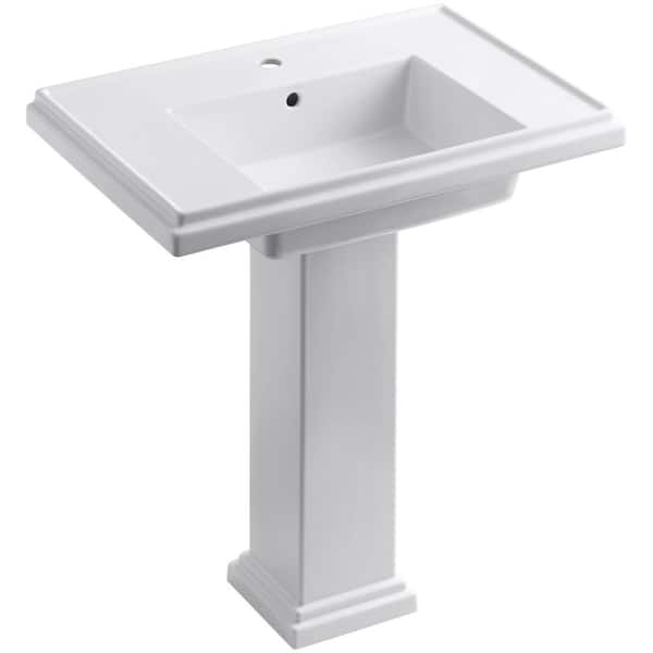 KOHLER Tresham Ceramic Pedestal Combo Bathroom Sink with Single-Hole Faucet Drilling in White with Overflow Drain