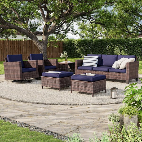 6-Piece Brown Wicker Outdoor Seating Sofa Set with Swivel Rocking Chairs, Navy Blue Cushion