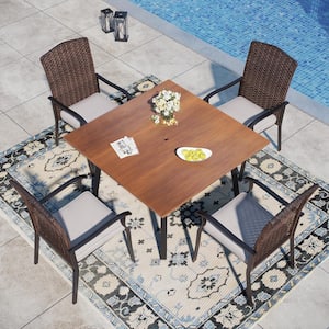 Black 5-Piece Metal Patio Outdoor Dining Set with Wood-Look Square Table and Fan-Shaped Backrest Rattan Cushioned Chairs