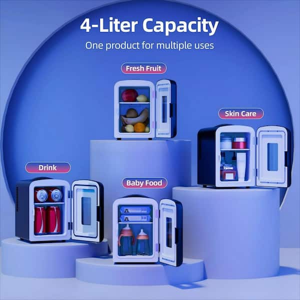 7 in. 0.15 cu. ft. 4L LED Mini Refrigerator w/ Portable Cooler for Bedroom, Office, Car, Skincare, Drinks, in Black