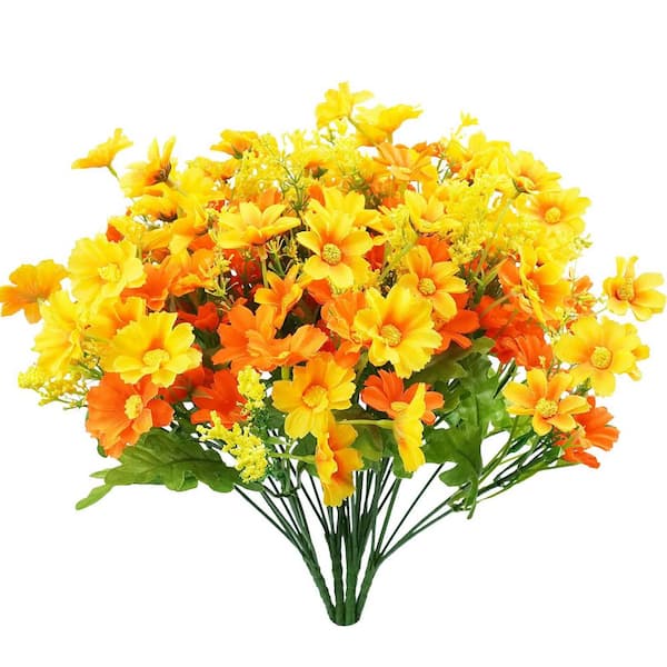 5.00" 6 Bundles Artificial Daisy Mums Flowers, Orange Yellow, Indoor/Outdoor UV Resistant