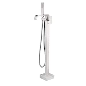 Single-Handle Waterfall Freestanding Tub Faucet with Hand Shower 1-Hole Floor Mounted Bathtub Faucets in Brushed Nickel
