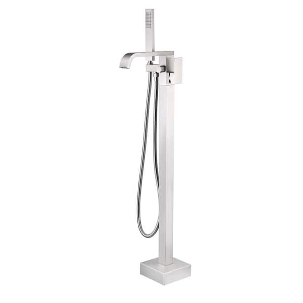 AIMADI Single-Handle Waterfall Freestanding Tub Faucet with Hand Shower 1-Hole Floor Mounted Bathtub Faucets in Brushed Nickel