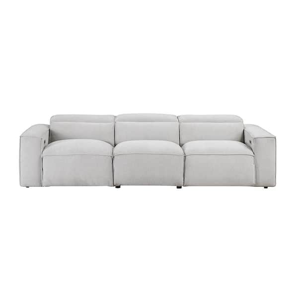 Dominic 123 in. W Straight Arm Microfiber Rectangle Power Double Reclining Sofa with Power Headrests in. Light Gray