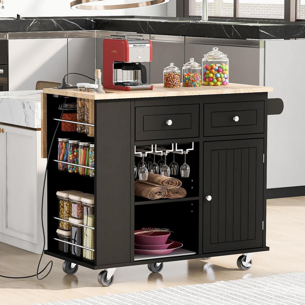 41 in. Black Rubber Wood Top Kitchen Cart Island with Power Outlet, Drop Le