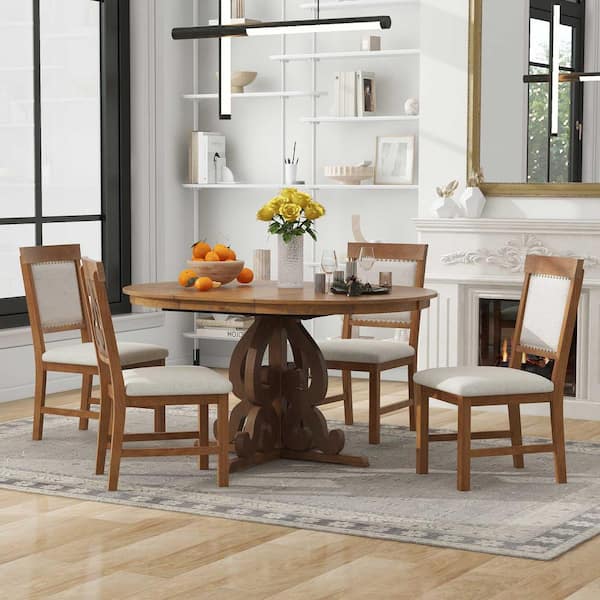 Harper & Bright Designs Retro 5 Piece Round Extendable Table Walnut Wood Dining Set with a 16-inch Leaf and 4 Upholstered Chairs