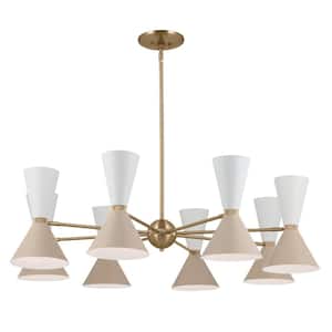 Phix 48.75 in. 16-Light Champagne Bronze and Greige White Mid-Century Modern Shaded Chandelier for Dining Room