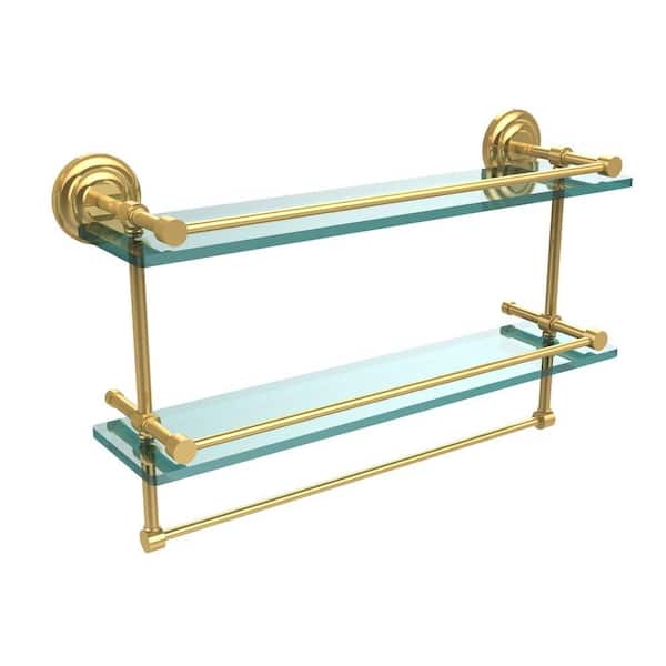 Allied Brass 22 in. L x 12 in. H x 5 in. W 2-Tier Gallery Clear Glass Bathroom Shelf with Towel Bar in Polished Brass