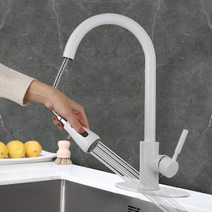 Single-Handle Deck Mount Pull Down Sprayer Kitchen Faucet with Deckplate Included in Stainless Stee Matte White
