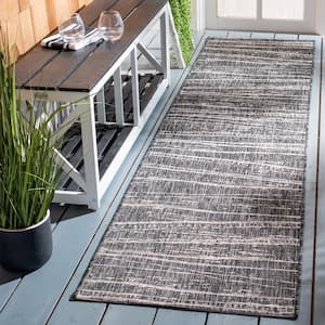 Courtyard Black/Ivory 2 ft. x 9 ft. Abstract Striped Indoor/Outdoor Patio  Runner Rug