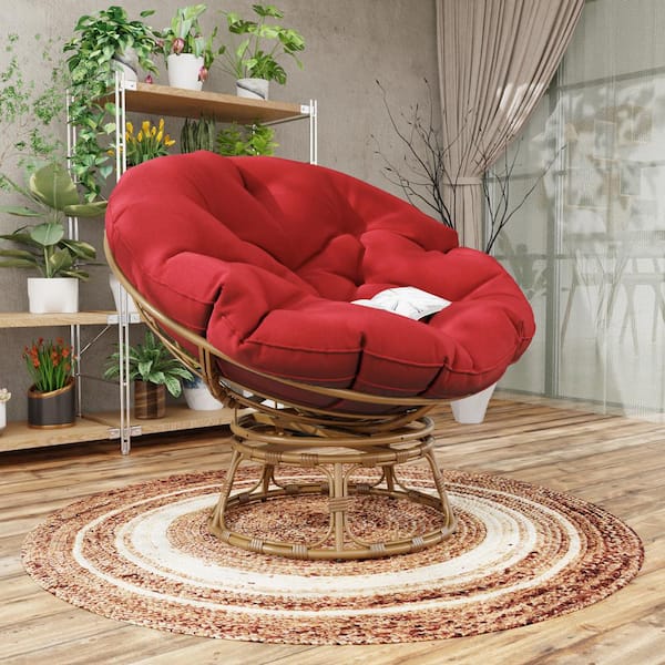 Gardenbee Wicker Outdoor Patio Swivel Papasan Lounge Chair with Red Cushion
