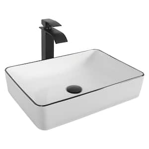 White Ceramic Rectangular Vessel Sink with Artistic Black Border with Black Faucet Pop up Drain Set