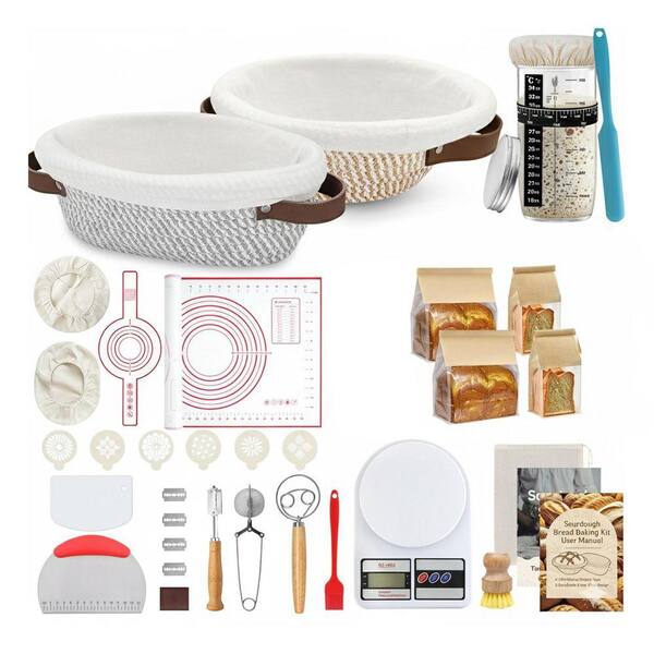38-Pieces Sourdough Starter Kit, Rope Banneton Bread Proofing Basket with Jars, 10 in. Round and Oval with Liners Covers